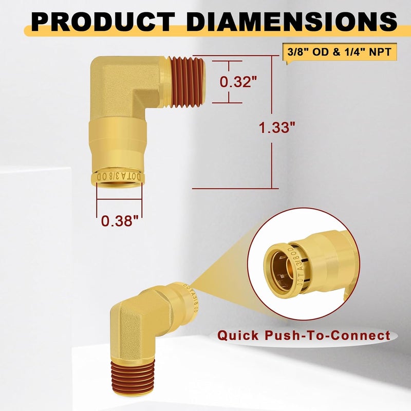 Siptenk 3/8" Elbow DOT Brass Push to Connect Air Line Fittings 5 PCS, 3/8" OD Tube x 1/4" NPT Thread Air Brake Line Quick Connect Fittings for Truck Trailers Industry Air System - Image 5